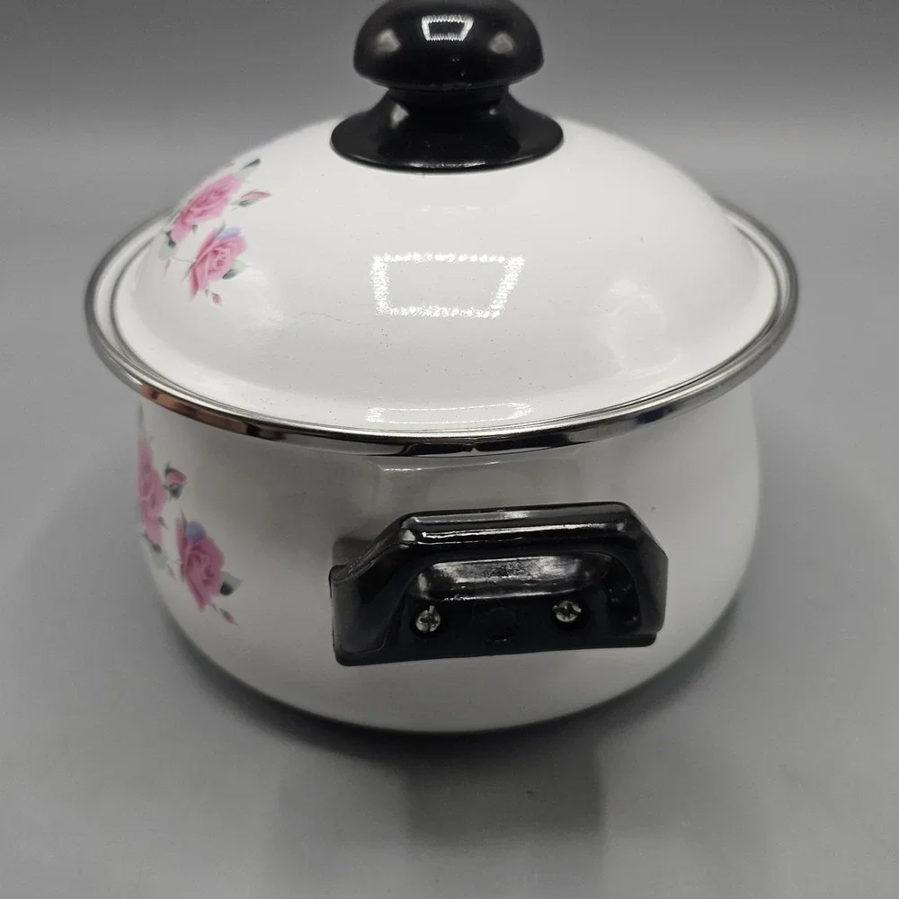 Vintage Roses Floral Flowers Enameled Sauce Pan Pot 1 Quart Grandmacore Cottage